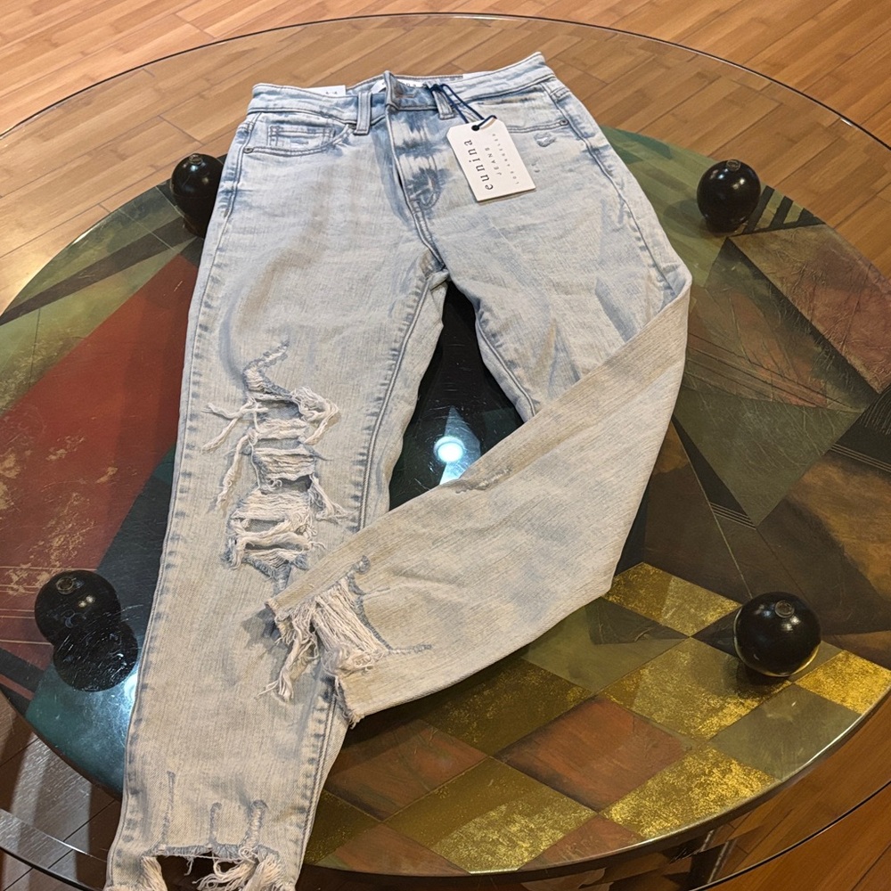 Eunina Sky Blue Ripped Skinny Jeans super high rise mom jeans crop